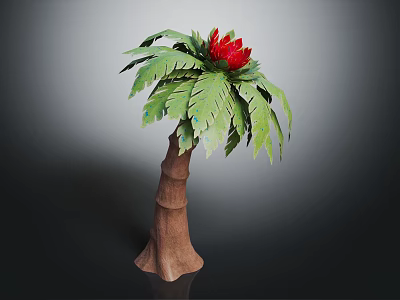 Lush Tropical Plant With Green Leaves Red Flower And Brown Trunk Structure 3d model