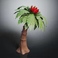 Lush Tropical Plant With Green Leaves Red Flower And Brown Trunk Structure
