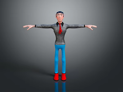 3D Cartoon Character Standing With Arms Outstretched Gray Sweater Red Tie Blue Pants Red Shoes 3d model