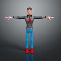 3D Cartoon Character Standing With Arms Outstretched Gray Sweater Red Tie Blue Pants Red Shoes