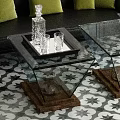 Stylish Glass Top Coffee Tables With Wooden Base Decanter And Glasses On Tray
