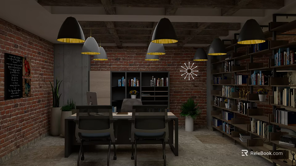Industrial Office Interior With Brick Wall Bookshelves Pendant Lights And Wooden Table 3d model 