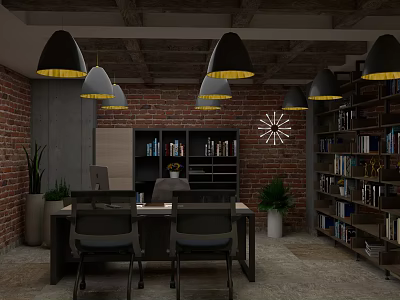 Industrial Office Interior With Brick Wall Bookshelves Pendant Lights And Wooden Table 3d model