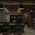 Industrial Office Interior With Brick Wall Bookshelves Pendant Lights And Wooden Table