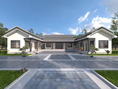 Chinese Style Detached Villa With White Walls Grey Tiles Courtyard Greenery And Stone Pathway 3d model