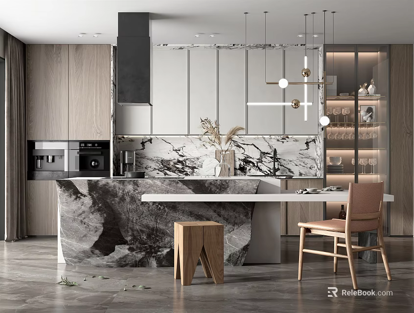 Modern Kitchen Interior Design With Marble Island Cabinets And Pendant Lights 3d model 