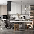 Modern Kitchen Interior Design With Marble Island Cabinets And Pendant Lights