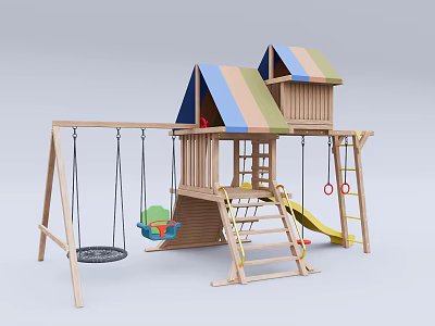 Wooden Playground Equipment With Colorful Roofs Small Houses Swings Slide Ladder And Rings 3d model