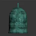 Ancient Bronze Bell With Turquoise Green Patina Intricate Carvings Circular Patterns And Ornate Handle