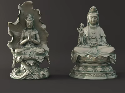Intricate Guanyin Sculptures With Seated Posture And Lotus Base Design 3d model