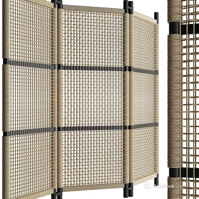 Natural Woven Bamboo Screen With Grid Pattern And Black Accent Strips For Home Decor 3d model 