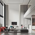 Modern Duplex Living Room With Floor to Ceiling Windows Red Gray Sofa And Open Space 3d model