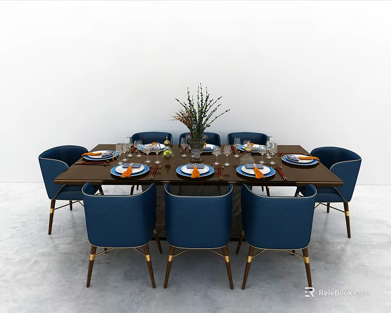 Stylish Dining Table Set With Blue Chairs Tableware And Decorative Vase 3d model