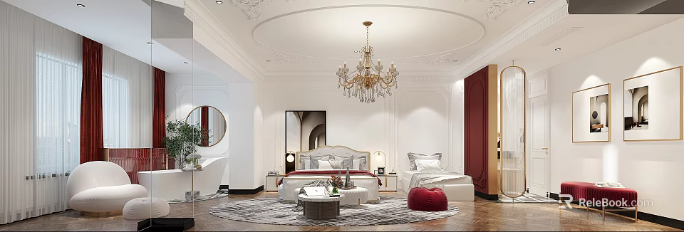 Elegant Hotel Guest Room Interior With Crystal Chandelier Double Bed Red Pouf And Decorative Ceiling 3d model 