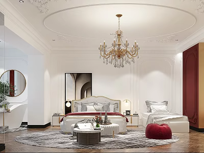 Elegant Hotel Guest Room Interior With Crystal Chandelier Double Bed Red Pouf And Decorative Ceiling 3d model