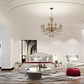 Elegant Hotel Guest Room Interior With Crystal Chandelier Double Bed Red Pouf And Decorative Ceiling