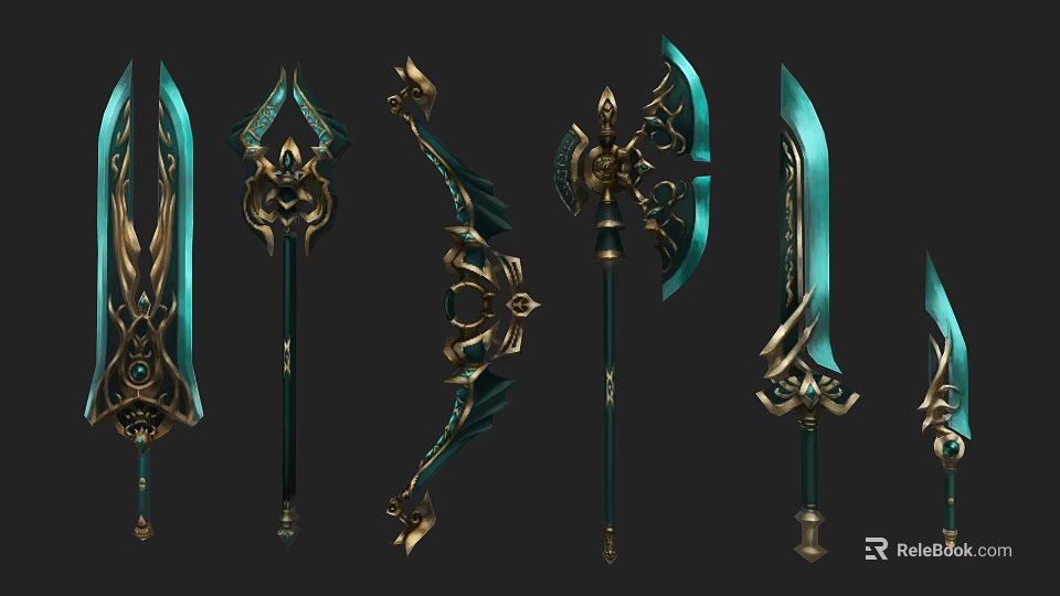 Ornate Decorative Weapons Collection Featuring Swords Bows Spears With Gold Teal Accents And Intricate Patterns 3d model 