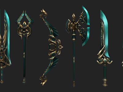 Ornate Decorative Weapons Collection Featuring Swords Bows Spears With Gold Teal Accents And Intricate Patterns 3d model