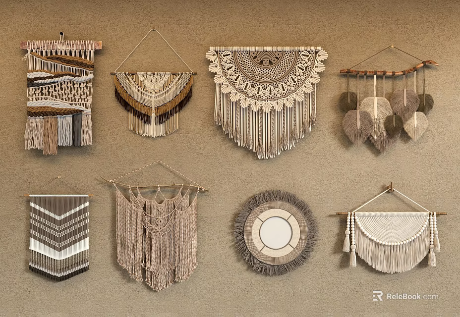 Macramé Wall Decor With Various Shapes Designs And Neutral Tones Hanging On Wall 3d model 