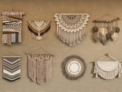 Macramé Wall Decor With Various Shapes Designs And Neutral Tones Hanging On Wall 3d model