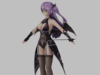 Dark Fantasy Game Character With Purple Long Hair Black Wings Tight Outfit And Stockings 3d model