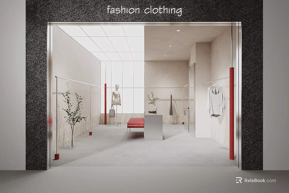 Modern Fashion Clothing Store Interior With Mannequins Clothing Displays Red Bench And Plants 3d model 