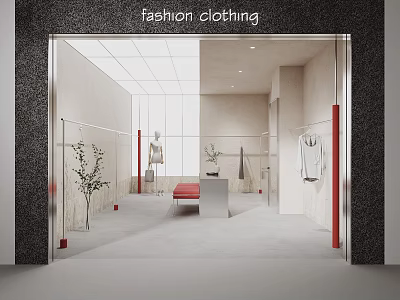 Modern Fashion Clothing Store Interior With Mannequins Clothing Displays Red Bench And Plants 3d model