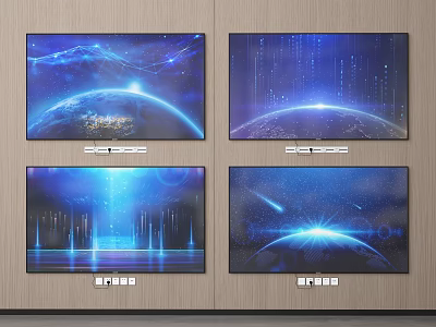 Wall Mounted TVs With Technological Visual Effects On Wooden Wall 3d model
