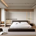 Modern Minimalist Bedroom Interior With Large Bed Wooden Accents And Recessed Lighting