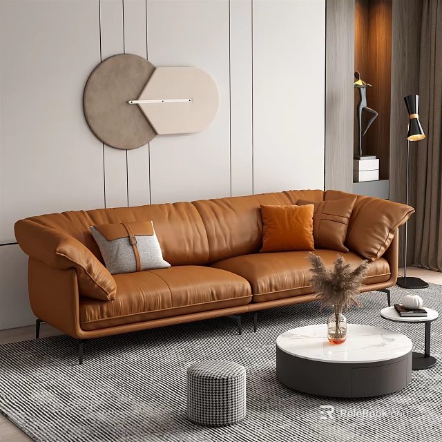 Modern Brown Leather Sofa Round Coffee Table Set With Orange Gray Pillows Wall Decor Rug 3d model 