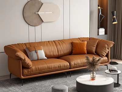 Modern Brown Leather Sofa Round Coffee Table Set With Orange Gray Pillows Wall Decor Rug 3d model