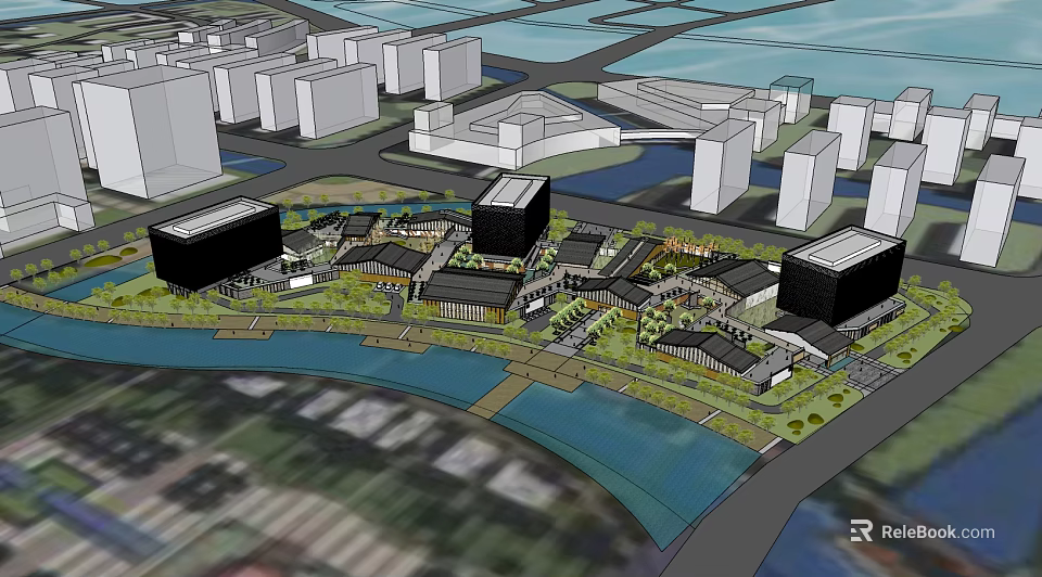 Urban Modern Commercial Street Design With Waterfront Greenery Open Spaces And Pedestrian Areas 3d model 