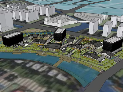 Urban Modern Commercial Street Design With Waterfront Greenery Open Spaces And Pedestrian Areas 3d model