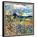 Oil Painting with Blooming White Flowers Purple Blossoms Green Meadow Blue Sky and Distant Mountains