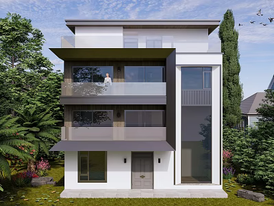 Modern Detached Villa Exterior Design Featuring Three Story Structure Large Windows Balconies and Lush Greenery 3d model