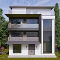 Modern Detached Villa Exterior Design Featuring Three Story Structure Large Windows Balconies and Lush Greenery