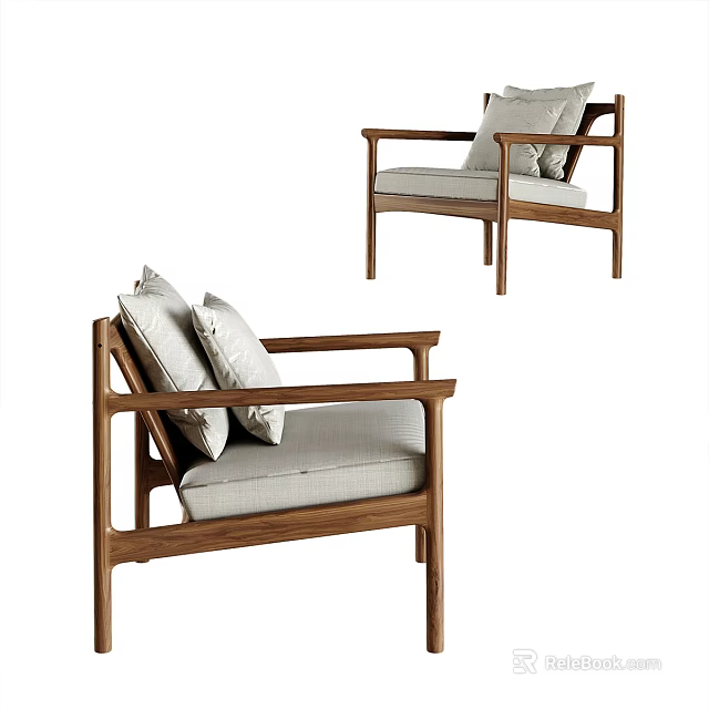 Modern Wooden Frame Accent Chair With Light Gray Cushion And Pillows 3d model 