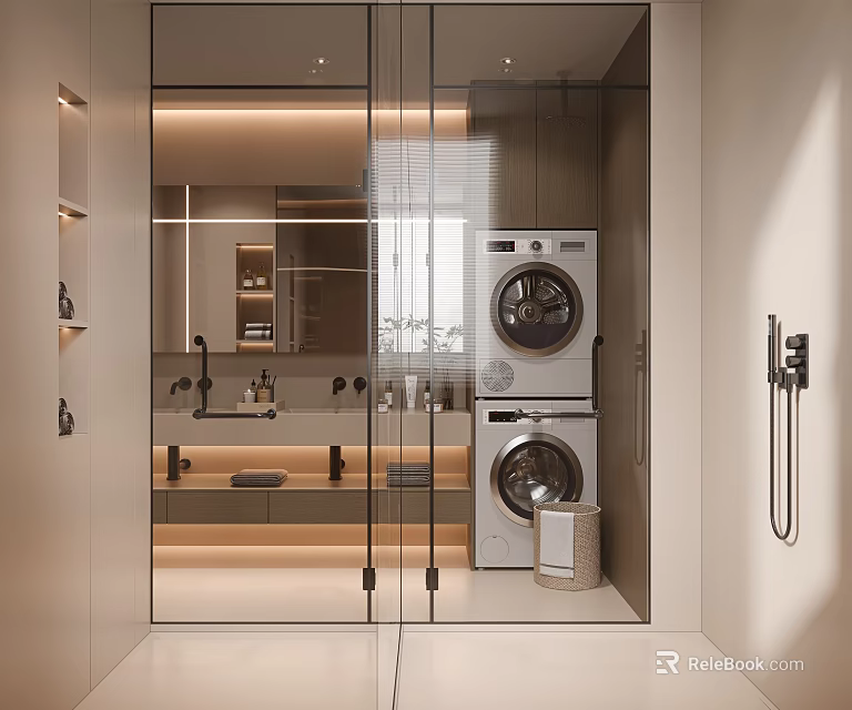 Modern Bathroom Interior With Glass Door Stacked Washer Dryer Mirror And Vanity Lighting 3d model 