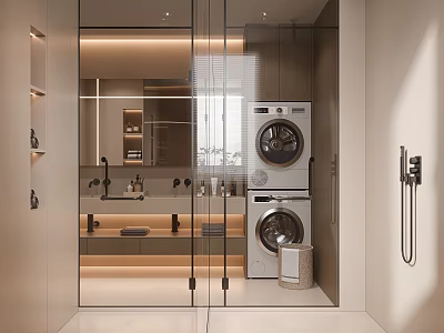 Modern Bathroom Interior With Glass Door Stacked Washer Dryer Mirror And Vanity Lighting 3d model