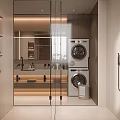 Modern Bathroom Interior With Glass Door Stacked Washer Dryer Mirror And Vanity Lighting