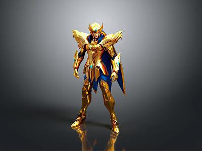 Golden Warrior Character Model With Blue Cape And Decorative Armor Details 3d model