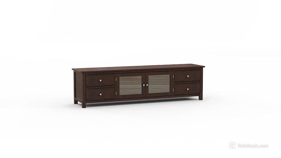 Modern Dark Wood TV Stand With Drawers And Glass Panel Doors Design 3d model 