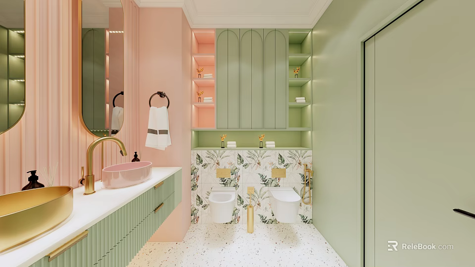 Hotel Bathroom Interior With Pink And Green Design Floral Tiles Vanity Mirror And Cabinets 3d model 