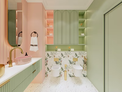Hotel Bathroom Interior With Pink And Green Design Floral Tiles Vanity Mirror And Cabinets 3d model
