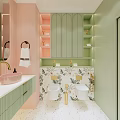 Hotel Bathroom Interior With Pink And Green Design Floral Tiles Vanity Mirror And Cabinets