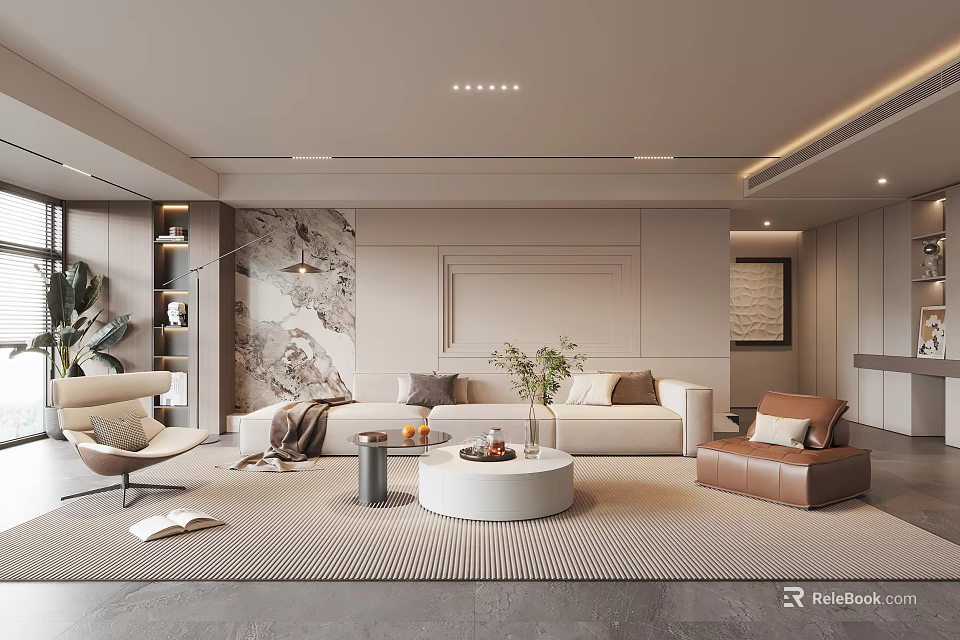 Modern Living Room Interior Design With Large Sofa Coffee Table Rug Wall Art and Plants 3d model 