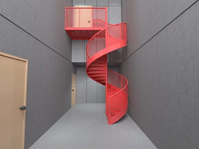 Red Spiral Staircase With Red Platform Gray Walls And Floor 3d model