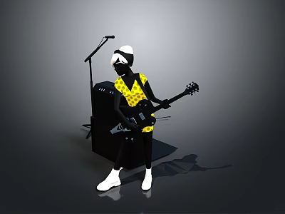 Man In White Hat And Yellow Vest Playing Electric Guitar With Microphone Stand 3d model