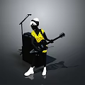 Man In White Hat And Yellow Vest Playing Electric Guitar With Microphone Stand