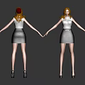 Red-haired Female Characters Front and Back Views White Tops Black Skirts Black Heels Dark Background